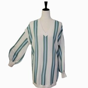 Wild Fable Green Striped Ballon Sleeve V-neck Ribbed Tunic Length Sweater Size M